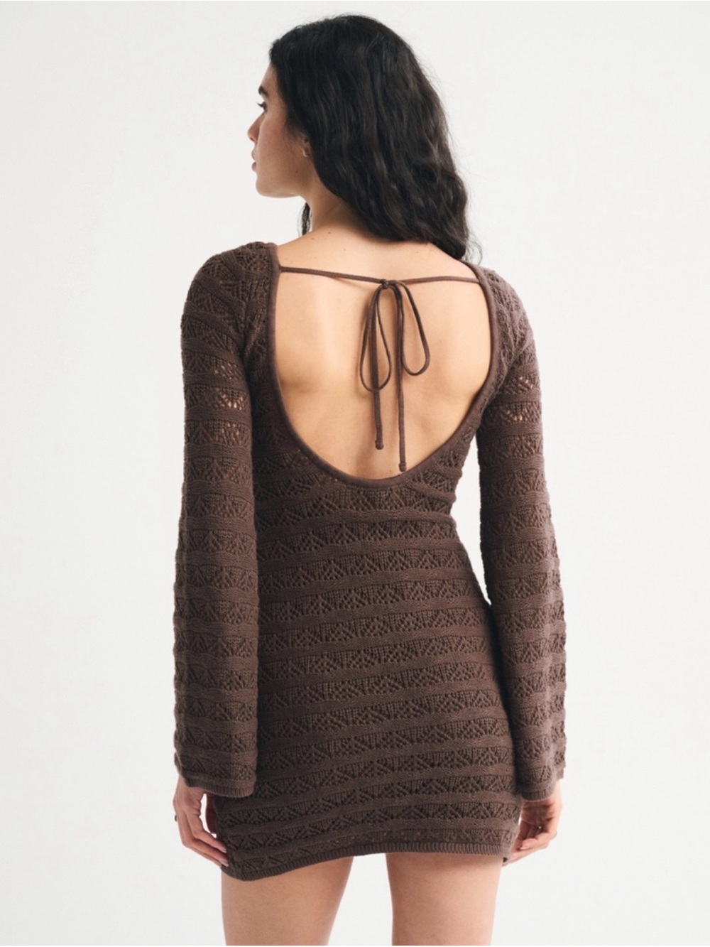 Abercrombie Long Sleeve Crochet Style Mini Dress in Dark Brown - Picture 5 of 12